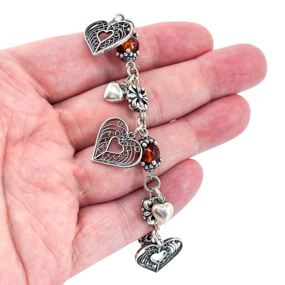 Vintage Italy Sterling Silver 925  Red Glass Bead Heart Charm Bracelet 6”-8” - Picture 1 of 6